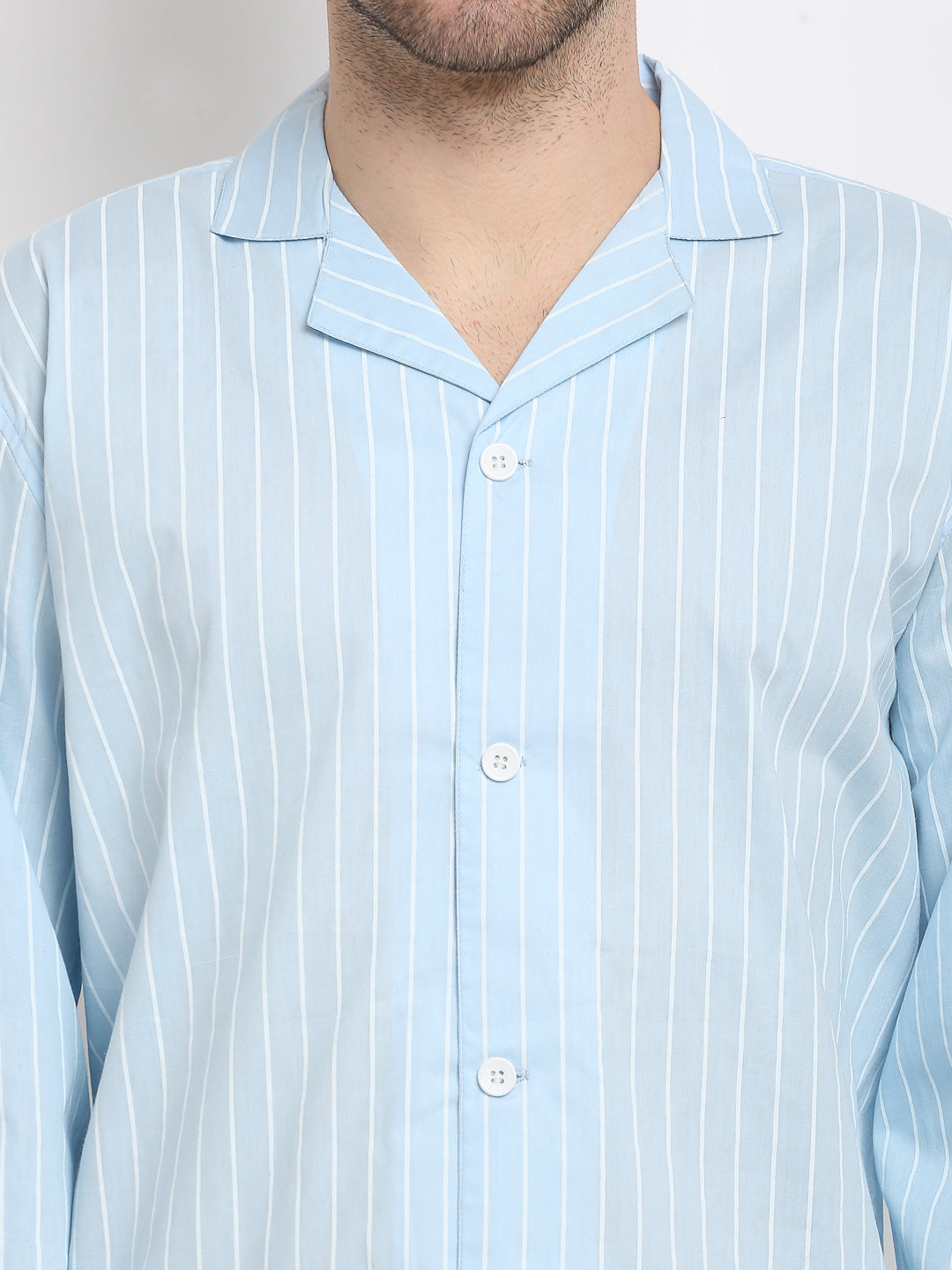 Jainish Men's Sky Cotton Striped Night Suits ( GNS 002Sky )