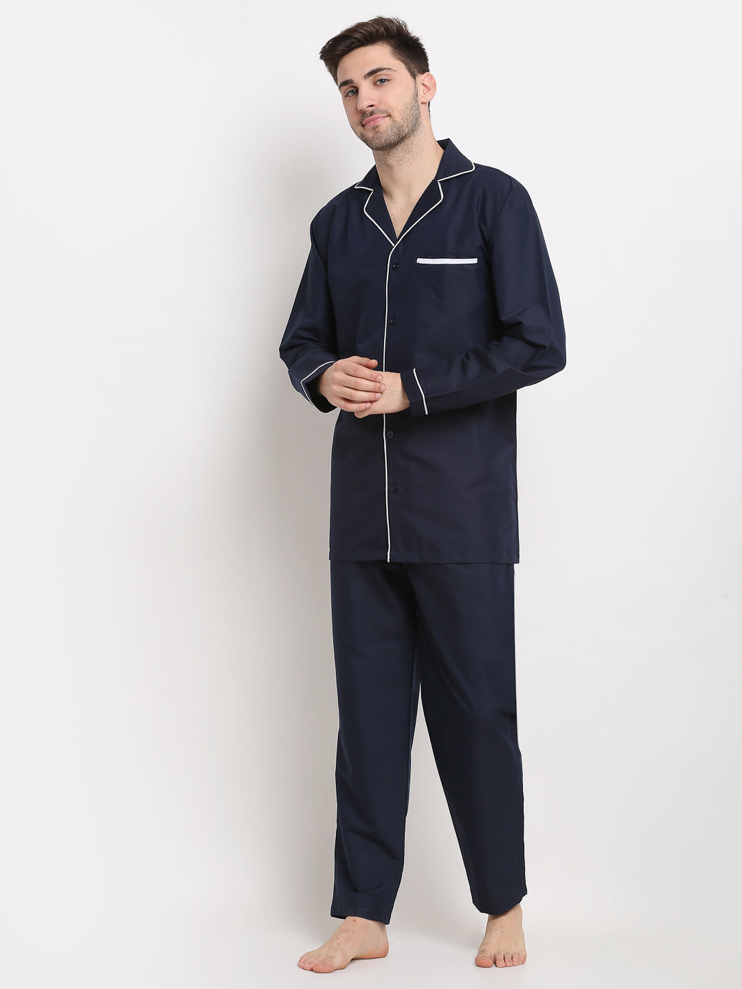 Jainish Men's Navy Cotton Solid Night Suits ( GNS 003Navy )