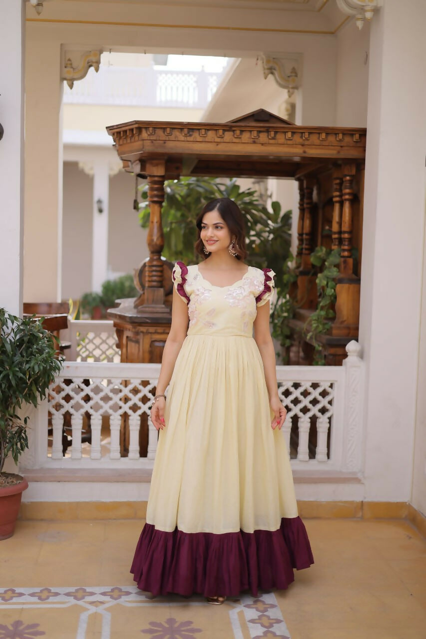 Teeya Creation Womens New Trendy Cotton With Sequins Multithreaded Beads Embroidered Work Gown Set