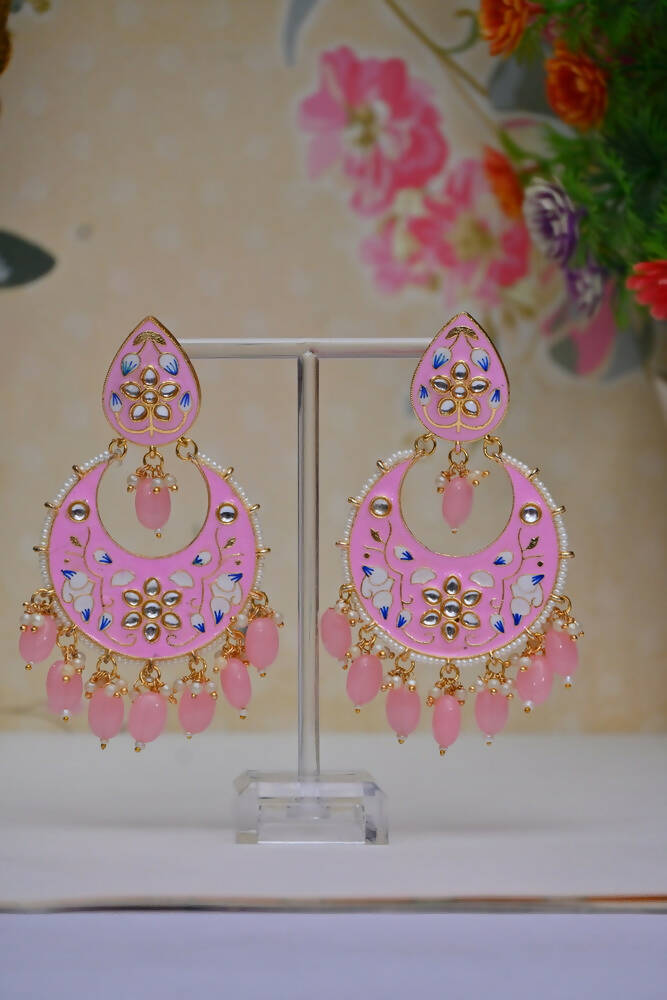 Gold Plated Brass & Pearl Dangle Women Baby Pink Hand Painted Meenakari Chandbali Earrings By House of Ree - Grab2buy