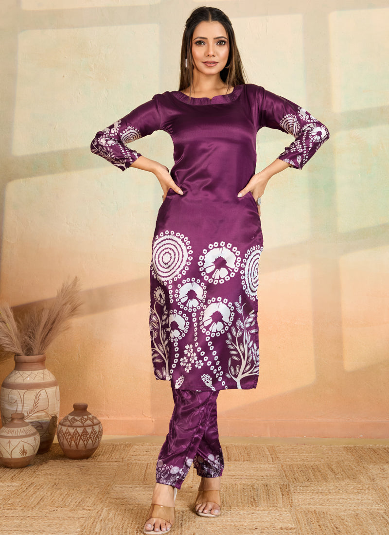 Prazu Fashion Purple Printed Cotton Reyon Kurta Pant Set