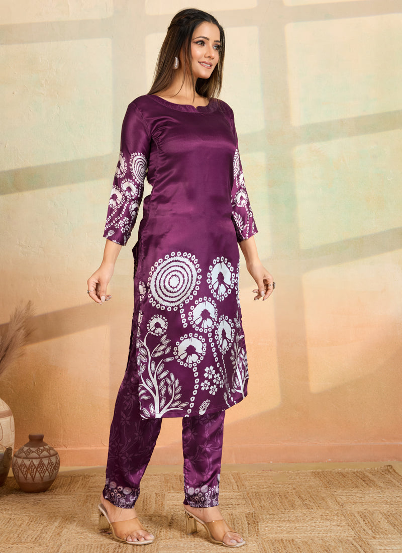 Prazu Fashion Purple Printed Cotton Reyon Kurta Pant Set