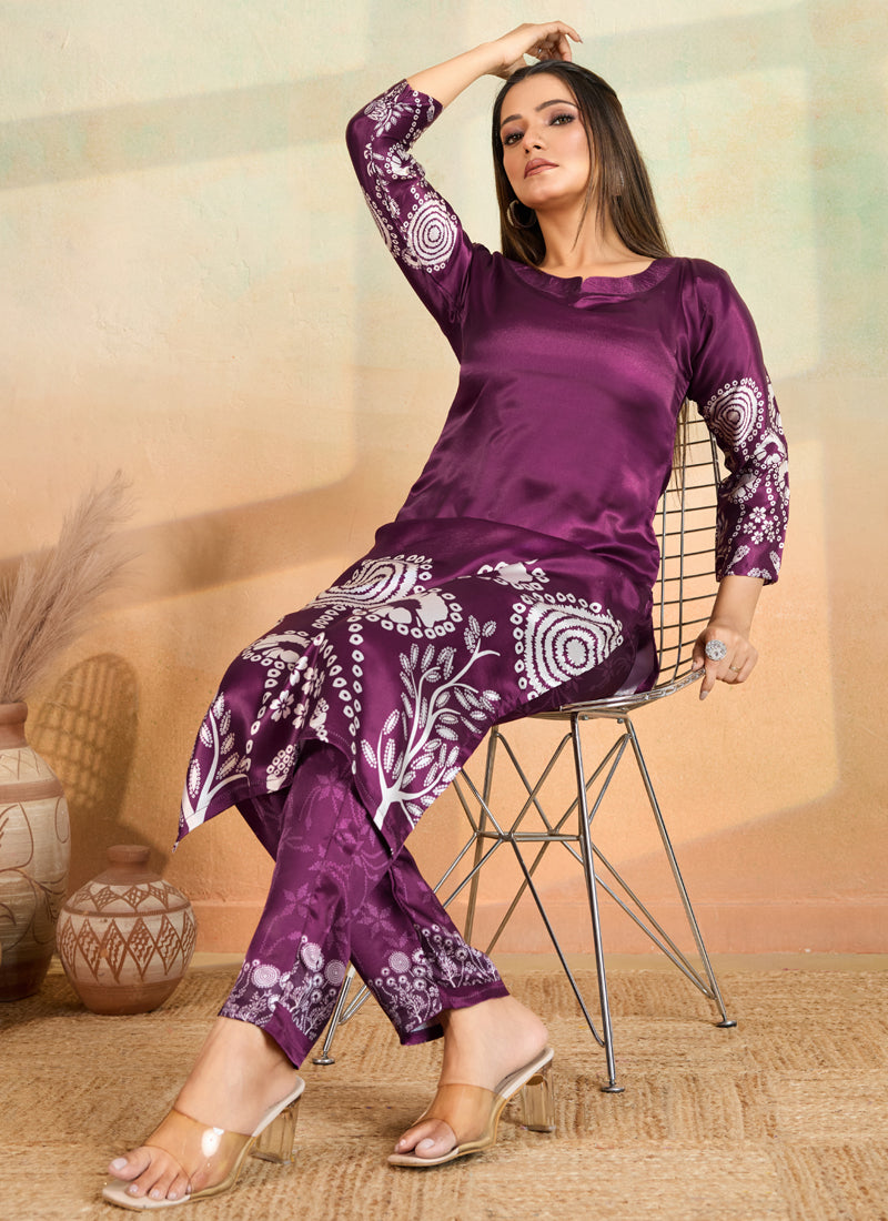 Prazu Fashion Purple Printed Cotton Reyon Kurta Pant Set