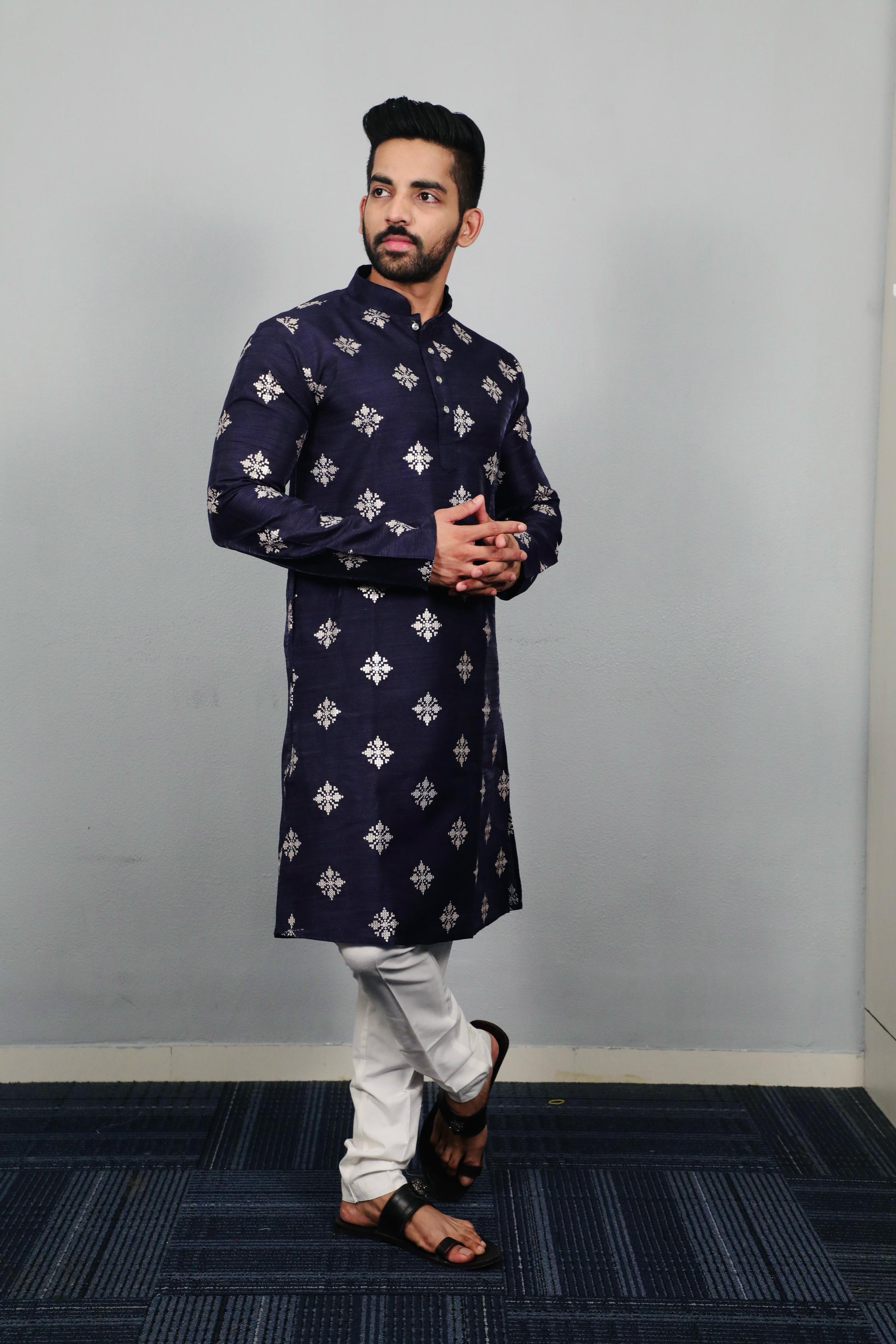 Neera Trendz Navy Blue Soft Parbon Silk Embroidered Men's Kurta Pyjama 