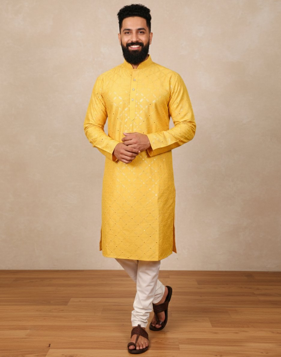 Neera Trendz Yellow Heavy Soft Silk Mirror Work Men's Kurta Pyjama 