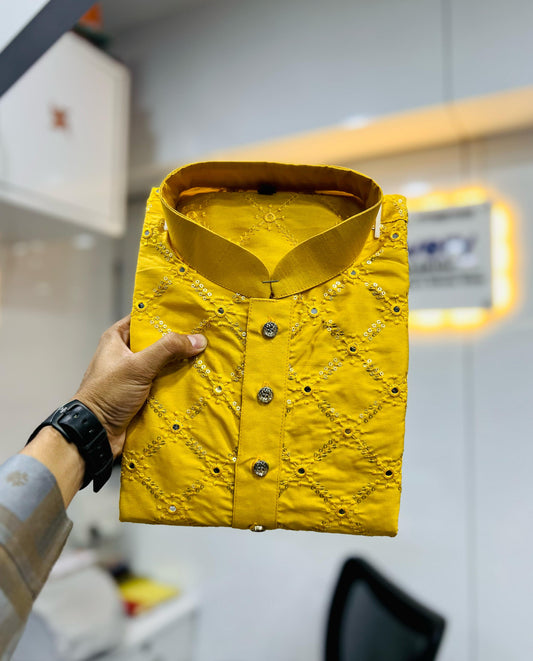 Neera Trendz Yellow Heavy Soft Silk Mirror Work Men's Kurta Pyjama 