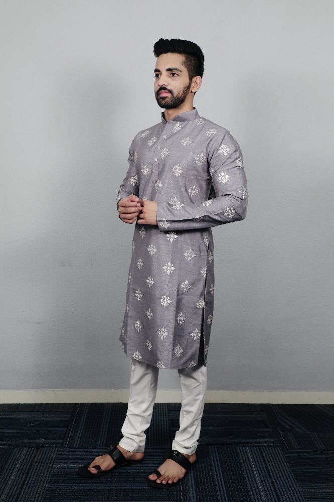 Neera Trendz Grey Soft Parbon Silk Embroidered Men's Kurta Pyjama 