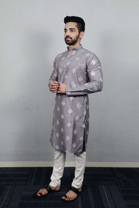 Neera Trendz Grey Soft Parbon Silk Embroidered Men's Kurta Pyjama 