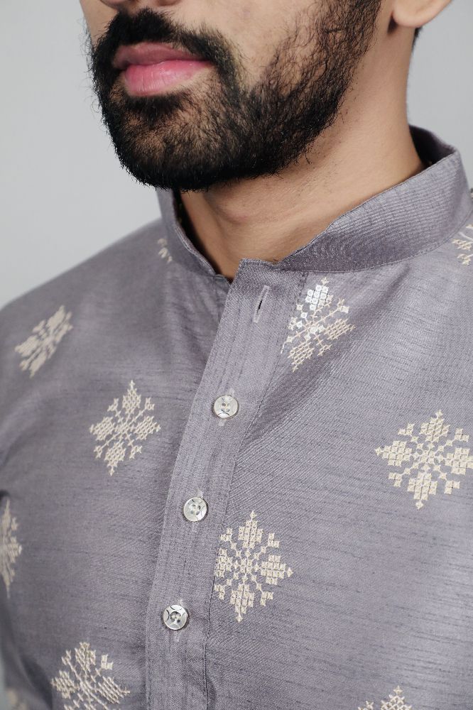 Neera Trendz Grey Soft Parbon Silk Embroidered Men's Kurta Pyjama 