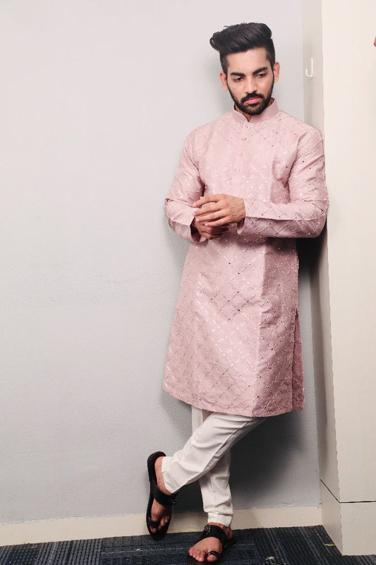 Neera Trendz Light Purple Heavy Soft Silk Mirror Work Men's Kurta Pyjama 