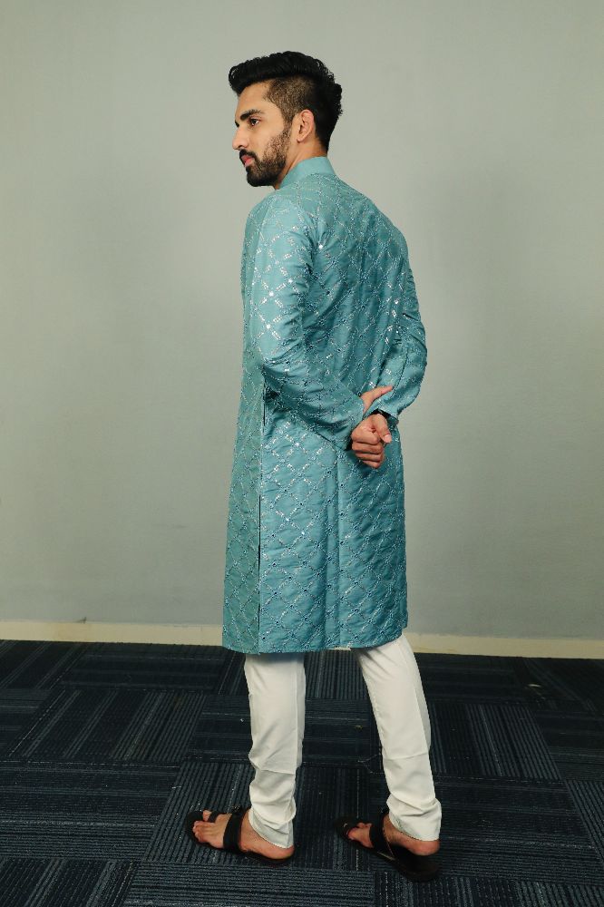 Neera Trendz Light Blue Heavy Soft Silk Mirror Work Men's Kurta Pyjama 