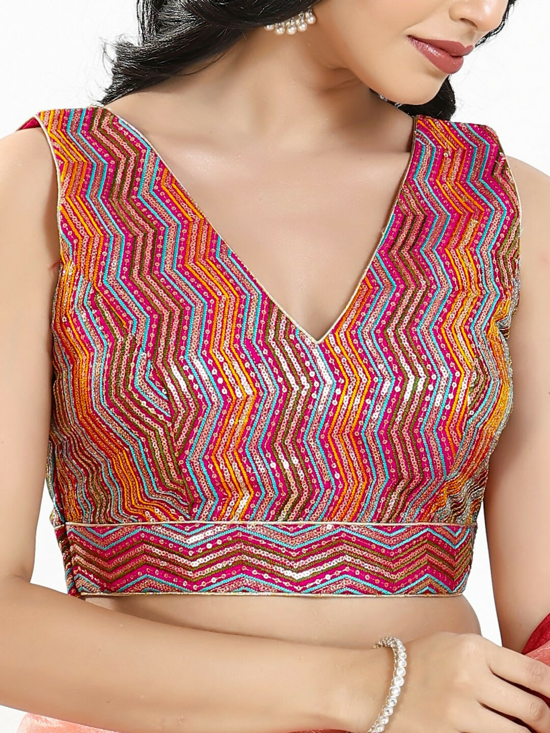 Joban Fashion Pink Multi Silk Padded Blouse With V Neck Sleeveless