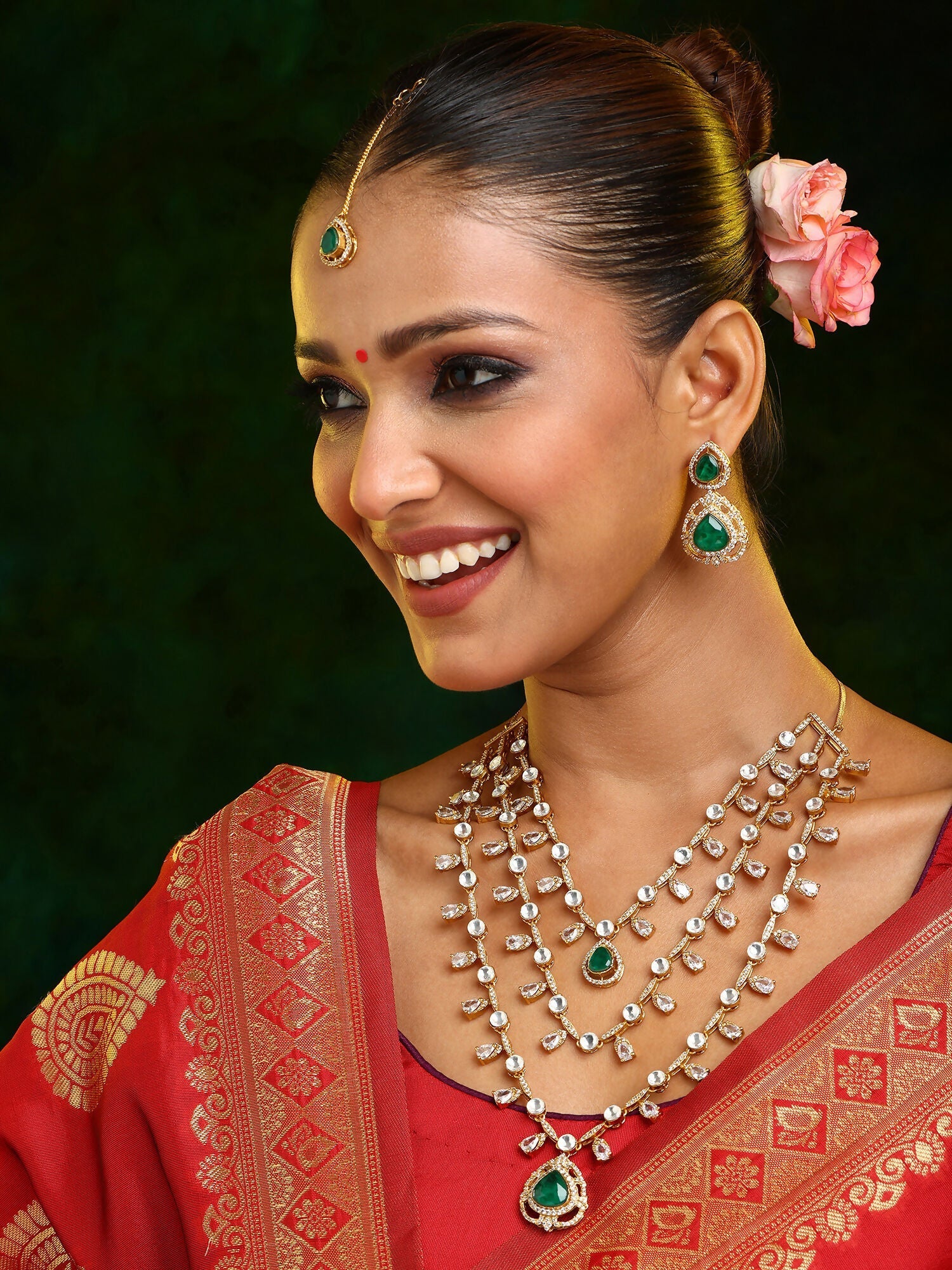 Ruby Raang 22k Gold Polished Layered Kundan And Emerald Necklace With Earrings And Maang Tikka | Grab2Buy