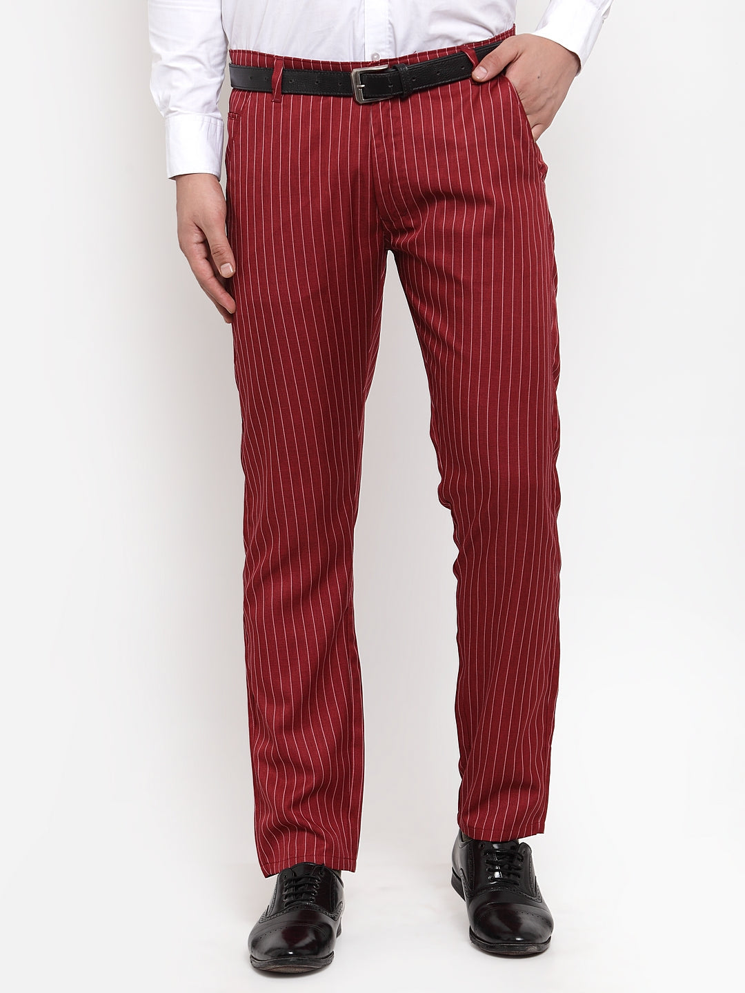 Jainish Men's Red Cotton Striped Formal Trousers ( FGP 255Maroon ) 