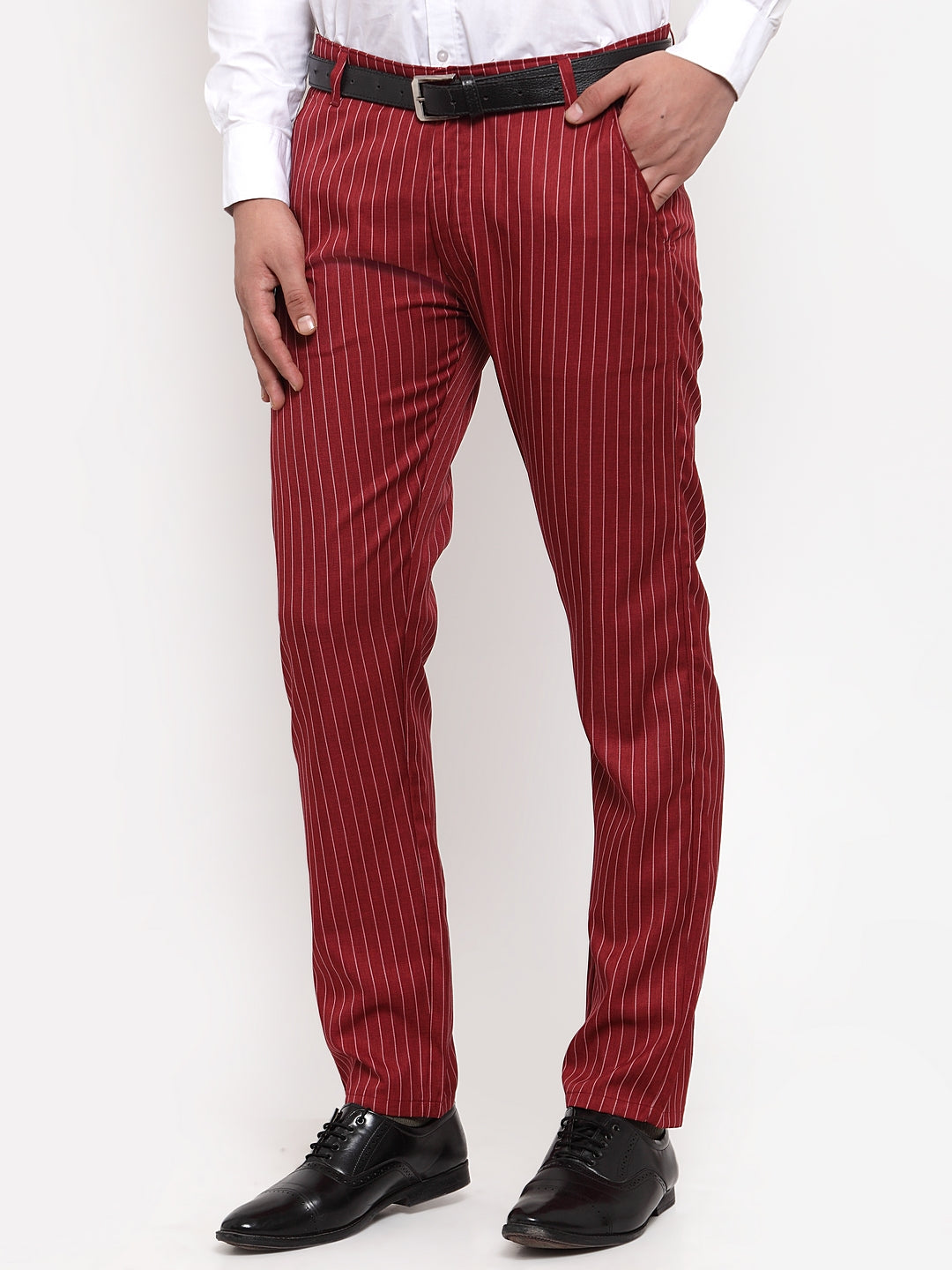 Jainish Men's Red Cotton Striped Formal Trousers ( FGP 255Maroon ) 