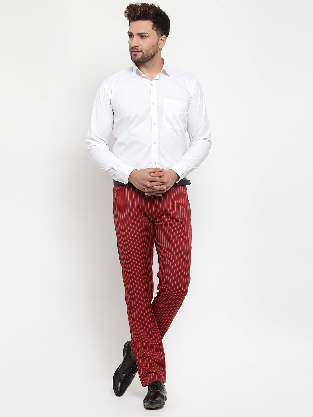 Jainish Men's Red Cotton Striped Formal Trousers ( FGP 255Maroon ) 