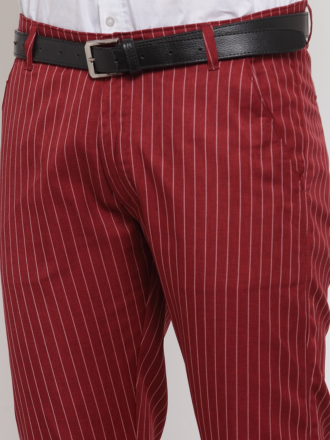 Jainish Men's Red Cotton Striped Formal Trousers ( FGP 255Maroon ) 