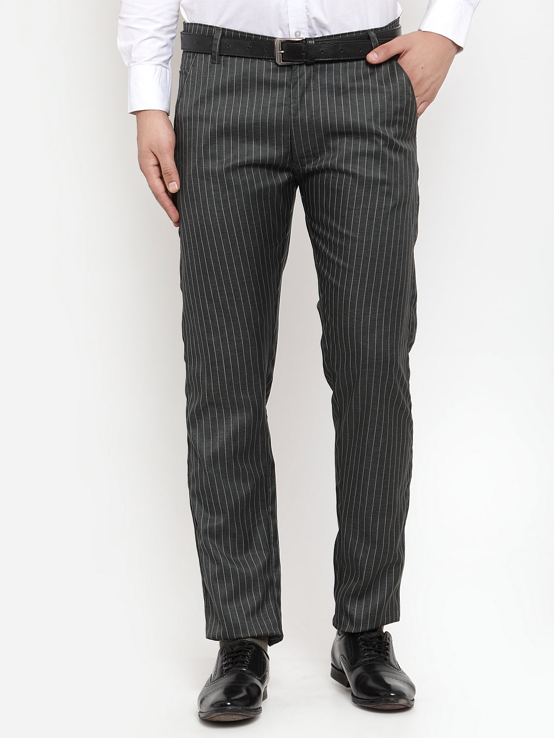 Jainish Men's Green Cotton Striped Formal Trousers ( FGP 255Olive ) 