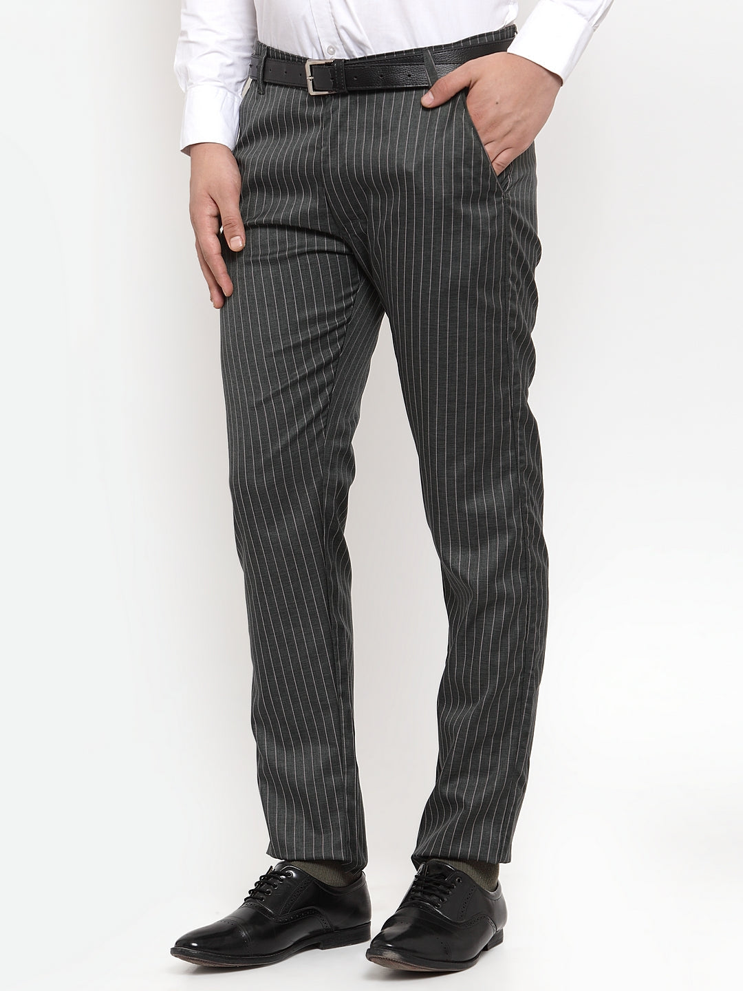 Jainish Men's Green Cotton Striped Formal Trousers ( FGP 255Olive ) 