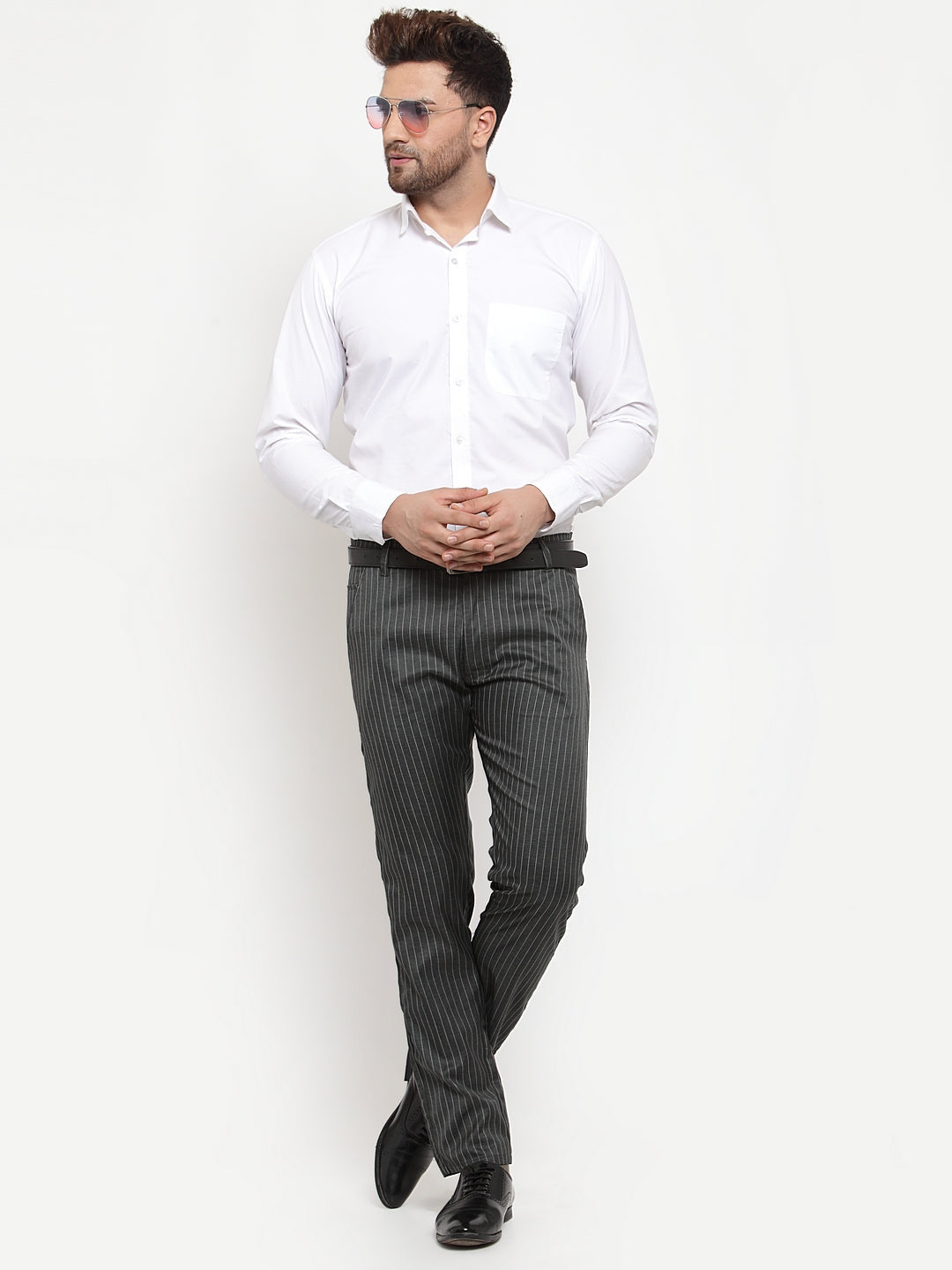 Jainish Men's Green Cotton Striped Formal Trousers ( FGP 255Olive ) 
