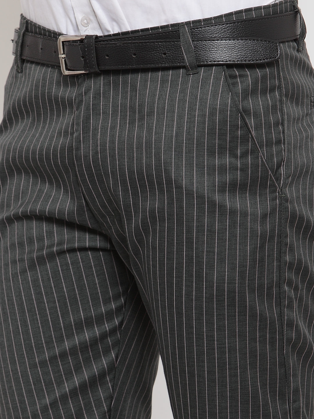 Jainish Men's Green Cotton Striped Formal Trousers ( FGP 255Olive ) 