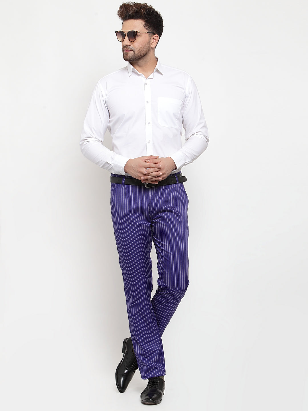 Jainish Men's Blue Cotton Striped Formal Trousers ( FGP 255Royal-Blue ) 