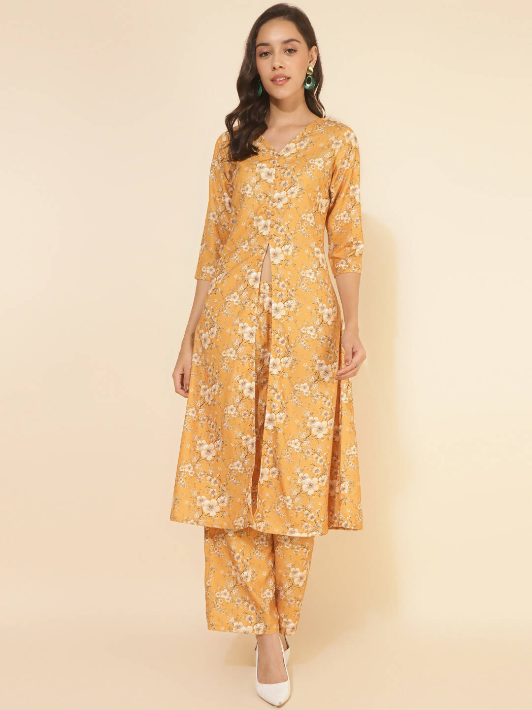 Janasya Women's Mustard Moss Floral Printed Casual Front Slit Co-ords 