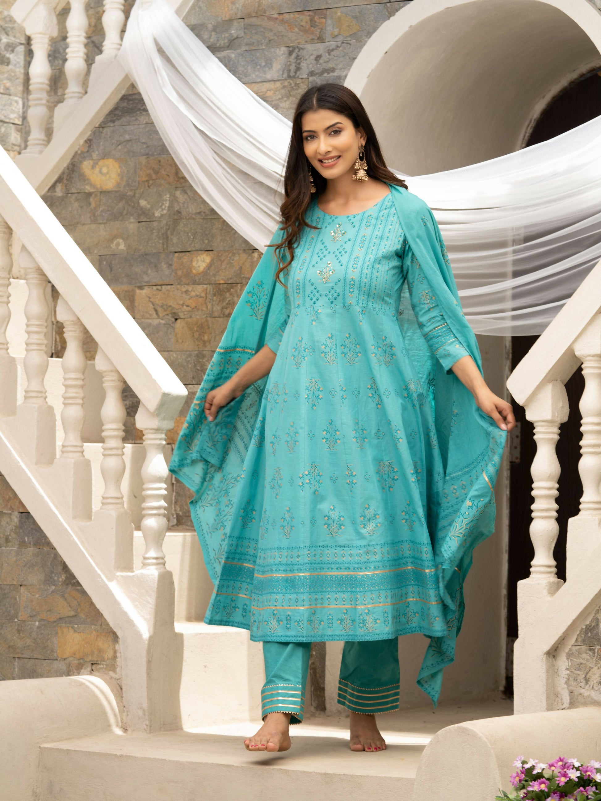 Sky Blue Cotton Cambric Printed with Sequins work Anarkali Kurta with Pant & Dupatta - Akashara