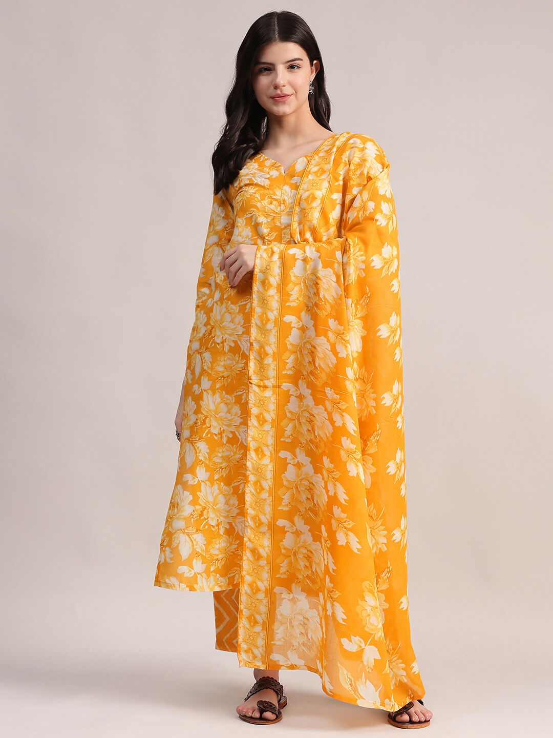 Aavyora Women Mustard Yellow Floral Printed Kurta with Chevron Printed Pants & Dupatta Set | Grab2Buy