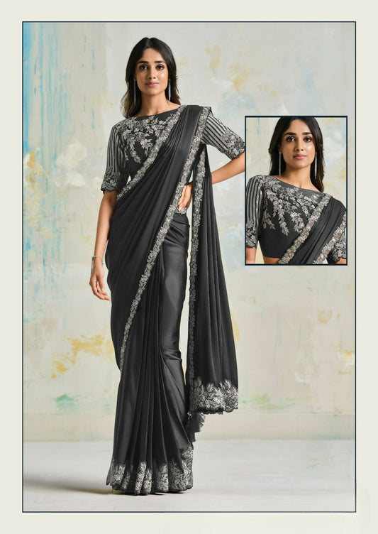Satin Silk Crepe Saree With Stitched Blouse - Mohmanthan Royal