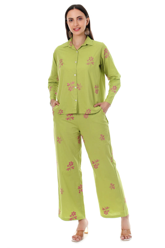 Jaitra Apparels Green Embroidered Premium Pure Cotton Co-Ord Set For Women 