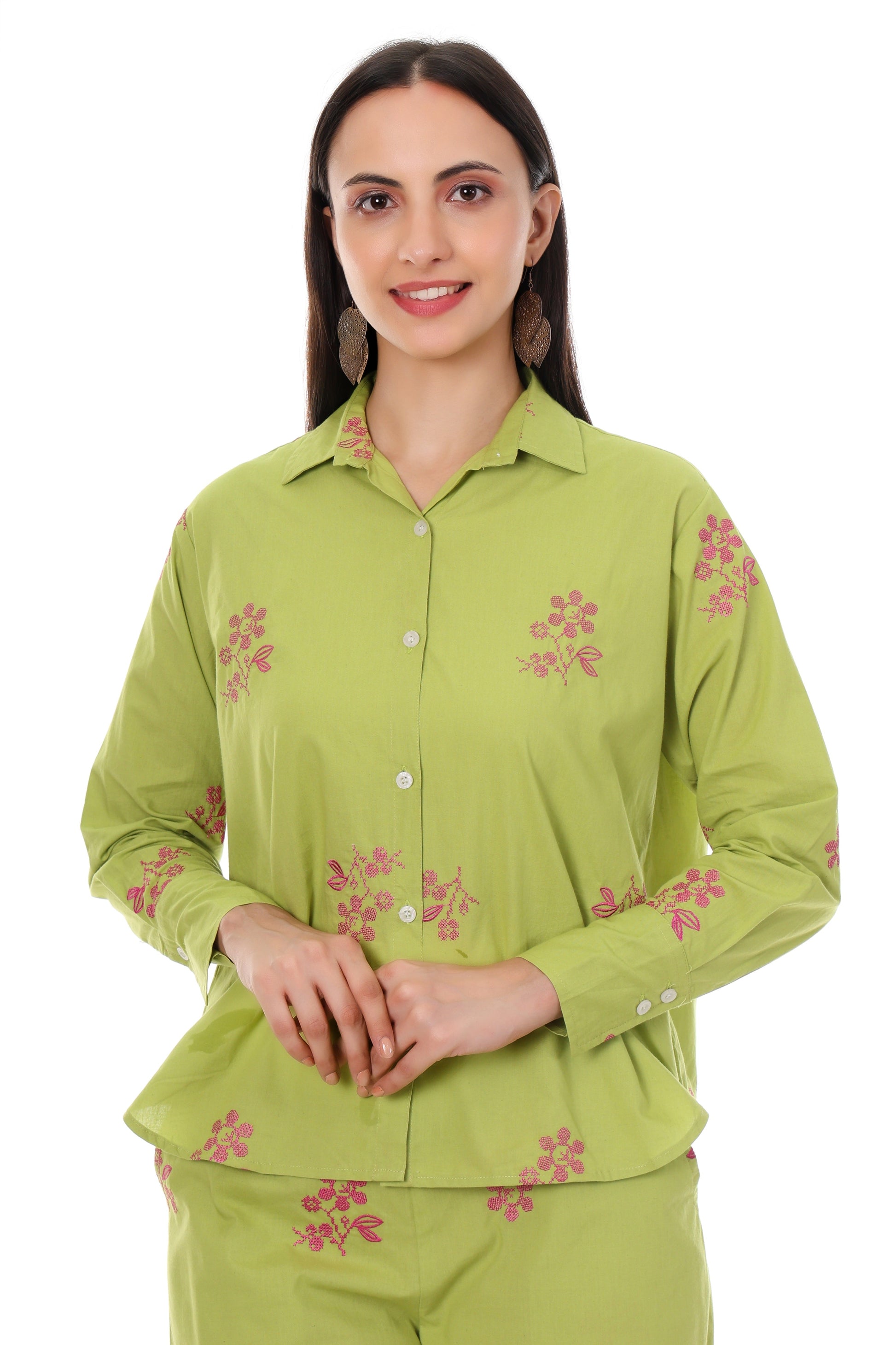 Jaitra Apparels Green Embroidered Premium Pure Cotton Co-Ord Set For Women 