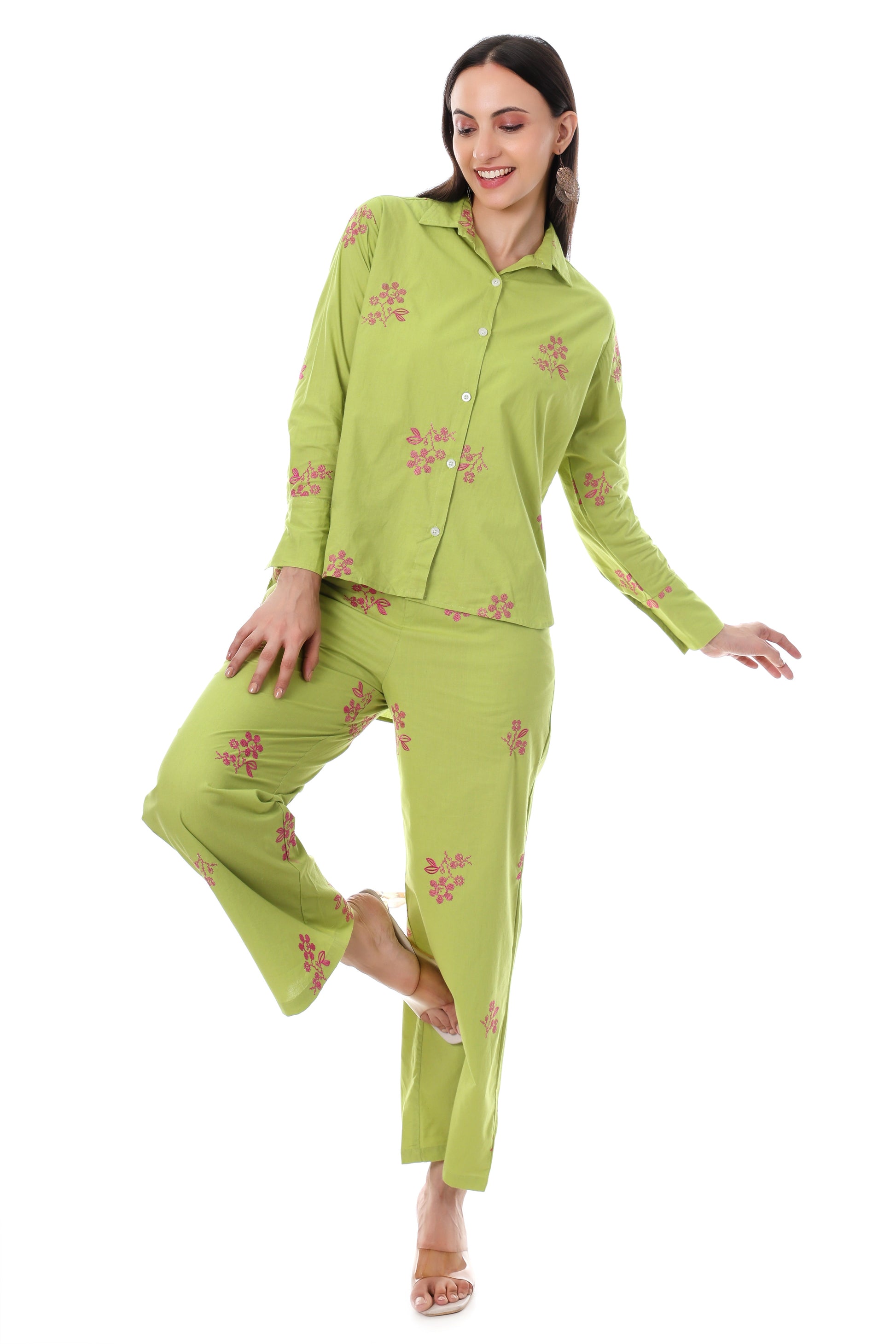 Jaitra Apparels Green Embroidered Premium Pure Cotton Co-Ord Set For Women 