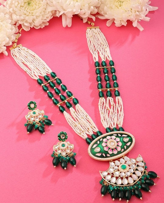 Jewel City Kundan & Green Beaded Layered Necklace Set for Women | Indian Bridal Jewelry with Earrings – Ethnic & Festive Wear | Grab2Buy