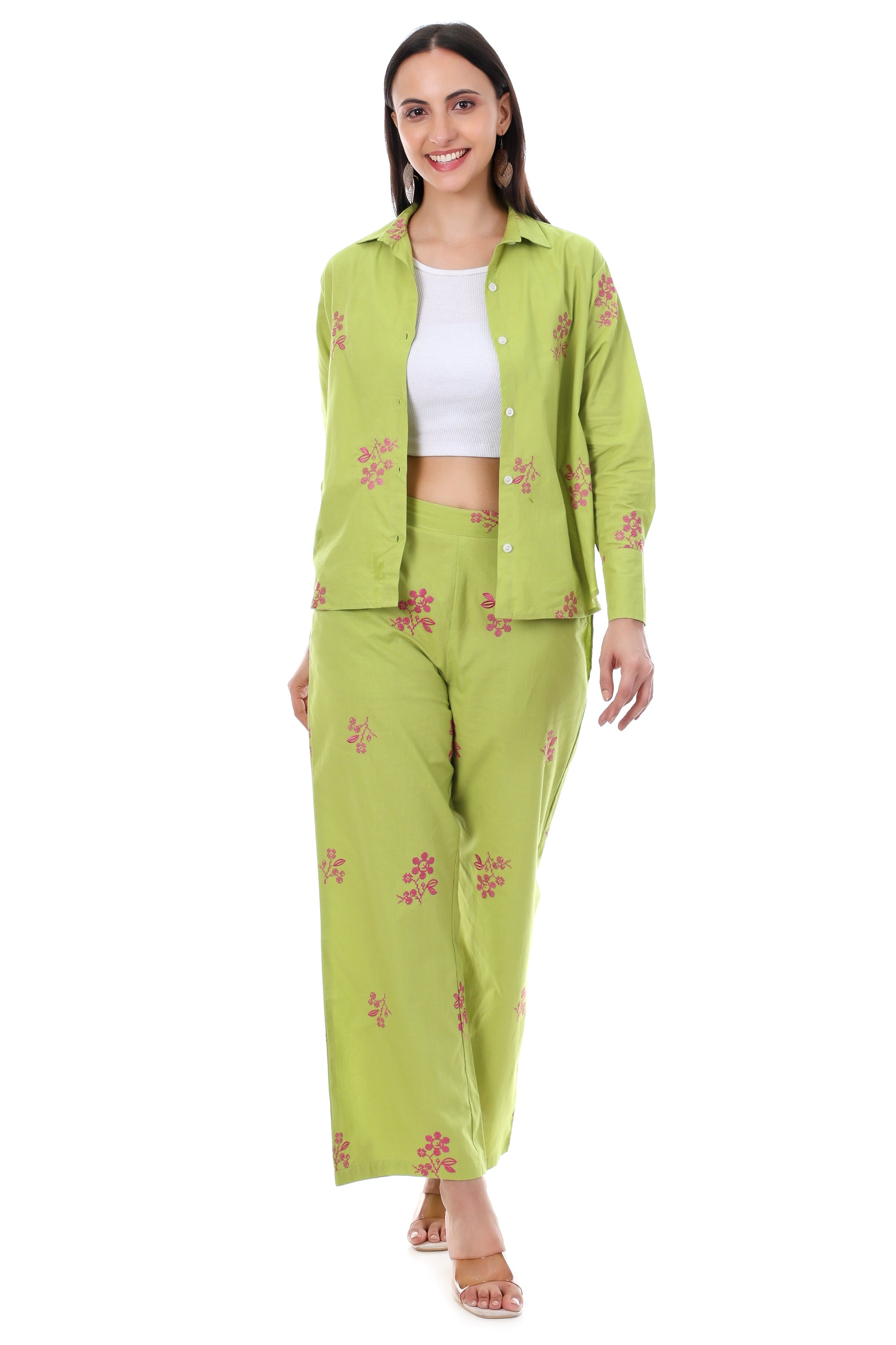 Jaitra Apparels Green Embroidered Premium Pure Cotton Co-Ord Set For Women 