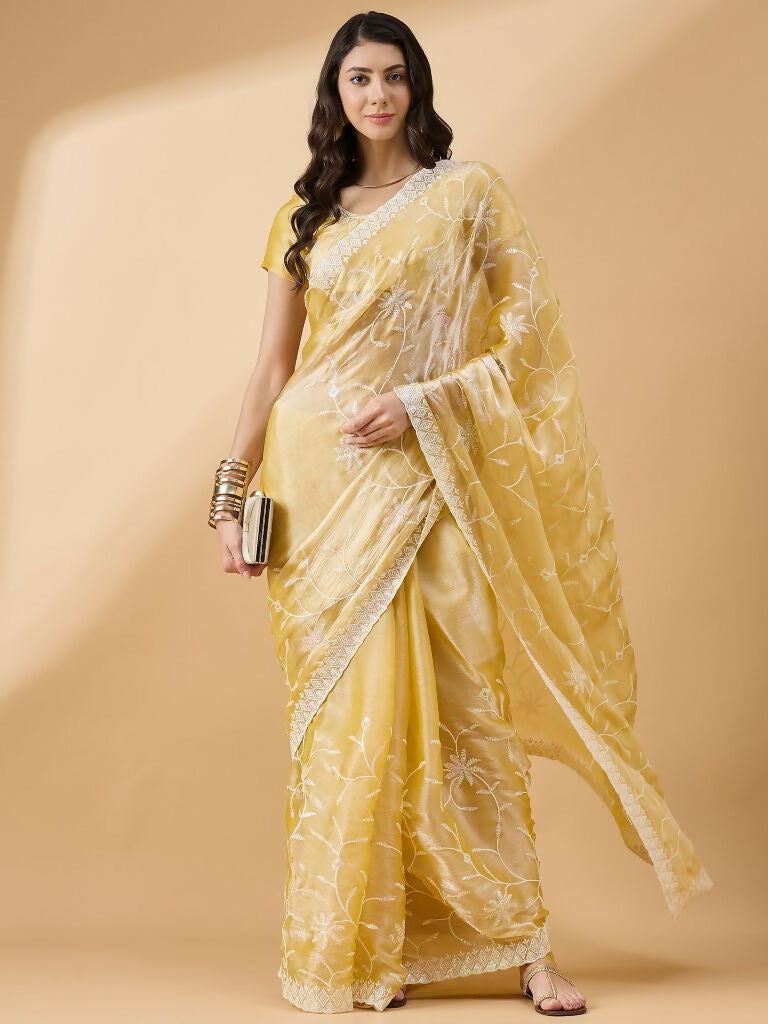 Pink Tissue Slub Embroidered Saree with Unstitched Blouse - Vairagi