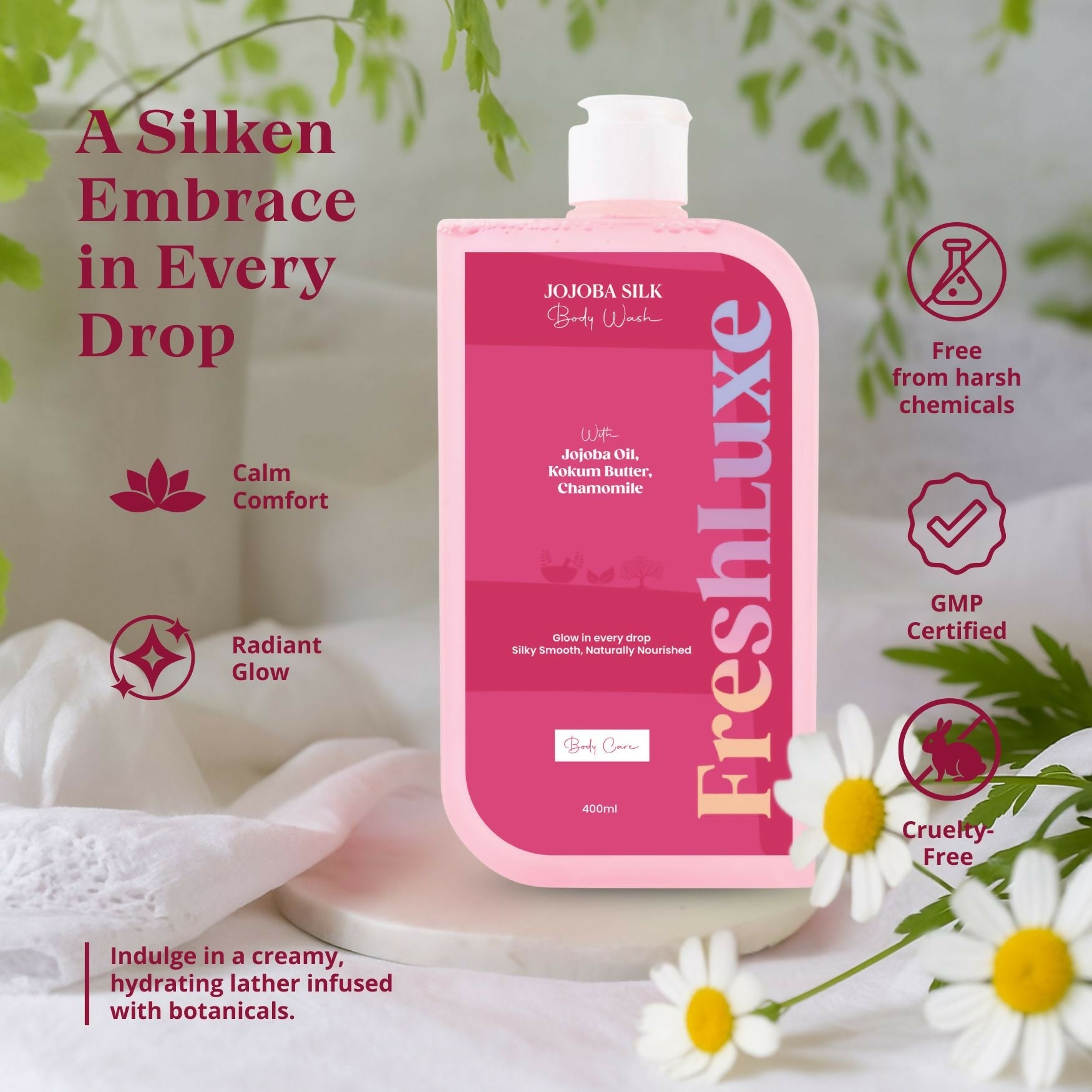 FreshLuxe Silk Bodywash Exfoliating & Hyderation Jojoba, Camomile & Ylang Ylang