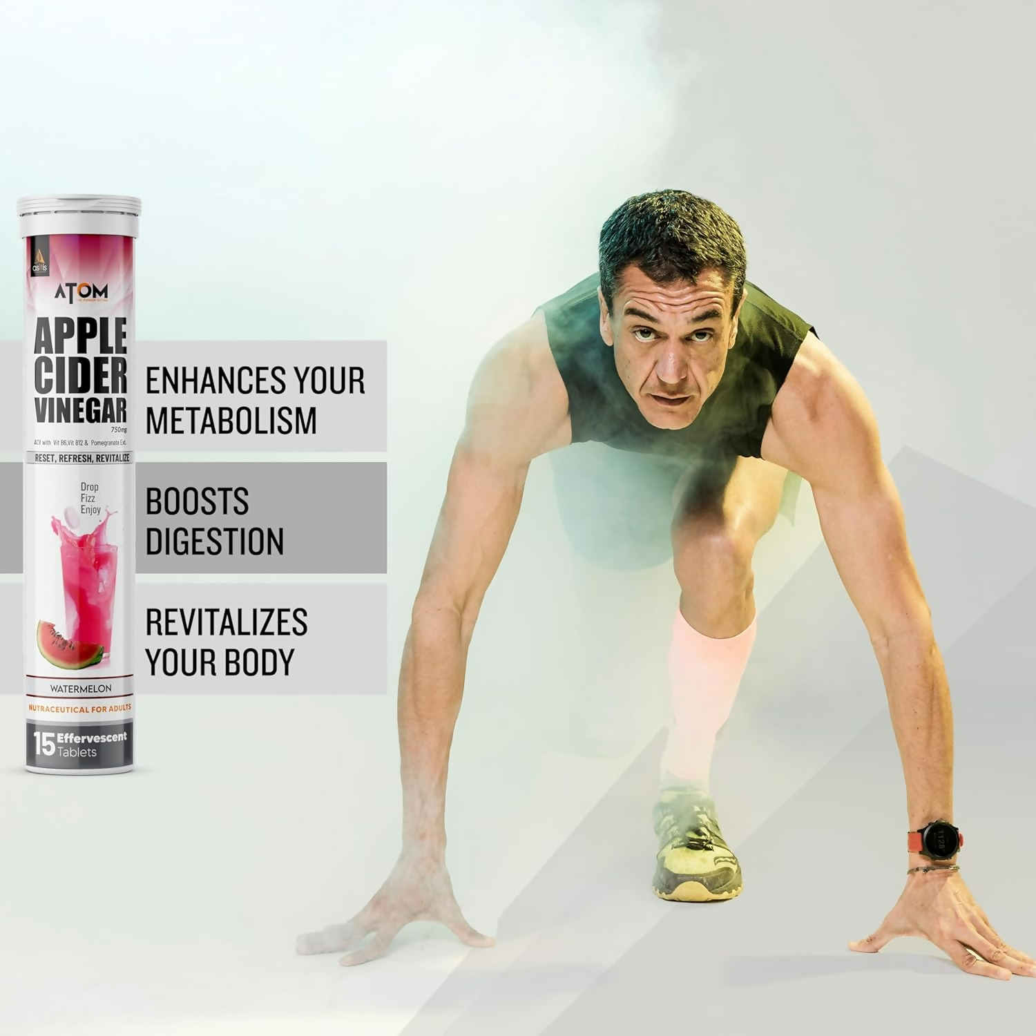 As-It-Is Atom Apple Cider Vinegar Effervescent Tablets Water Melon Flavor For Weight Loss 