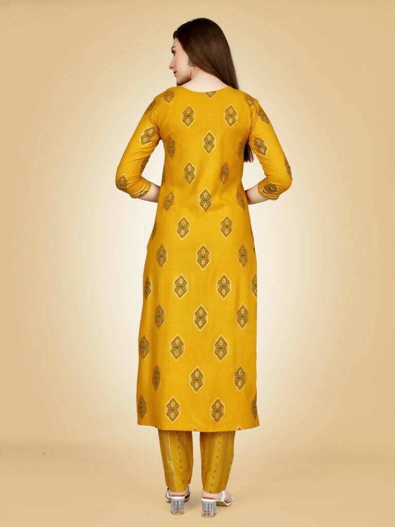 Aastha Fashion Women's Yellow Viscose Rayon Embroidered Kurta Pant Set - Grab2buy