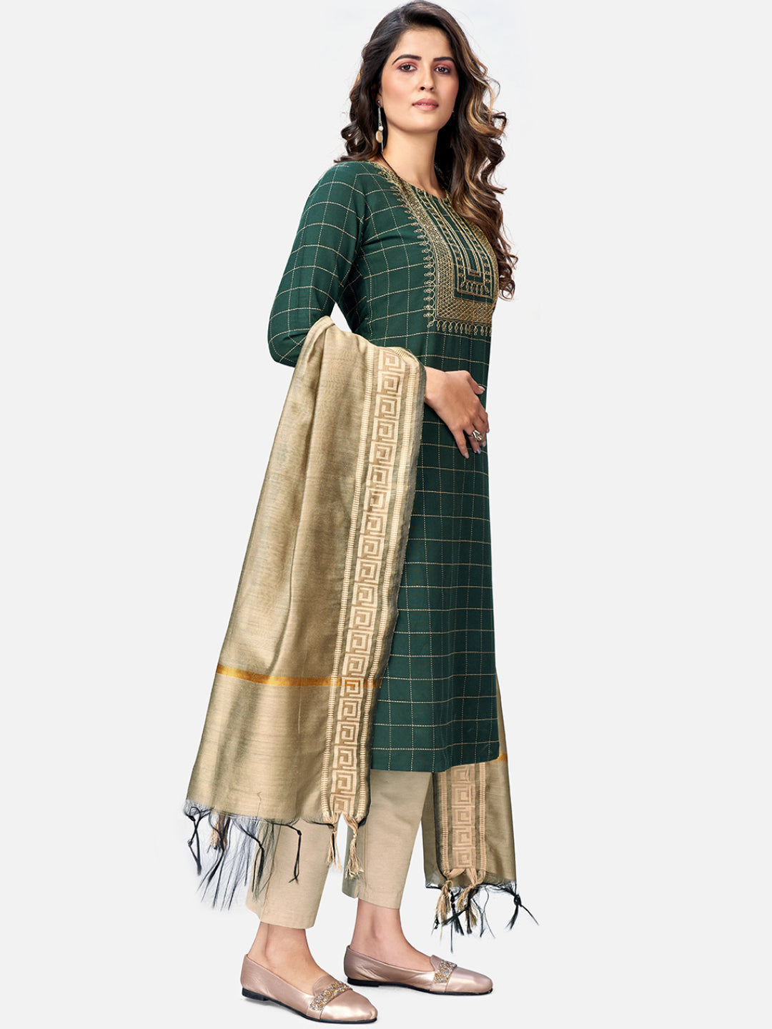 NOZ2TOZ Women Green Cotton Kurta With Pant & Dupatta (3Pcs Set) 