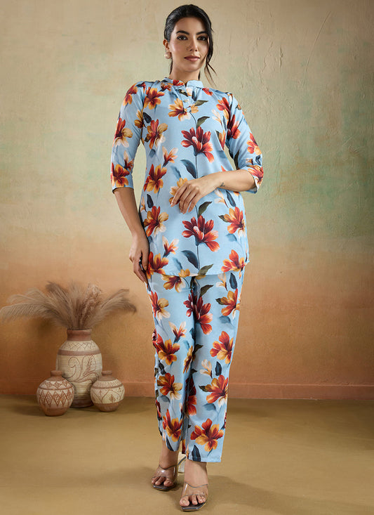 Prazu Fashion Sky Blue Printed Cotton Blend Co-Ord Set