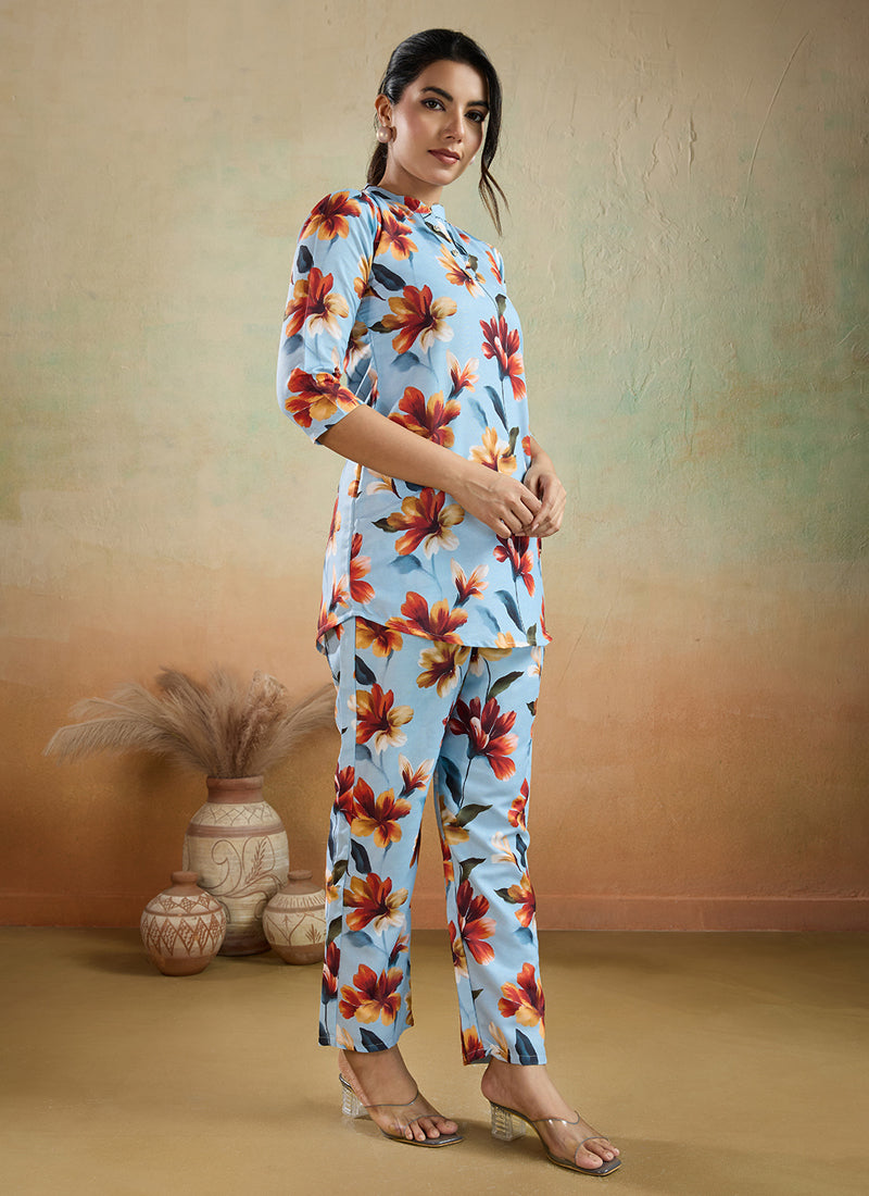 Prazu Fashion Sky Blue Printed Cotton Blend Co-Ord Set