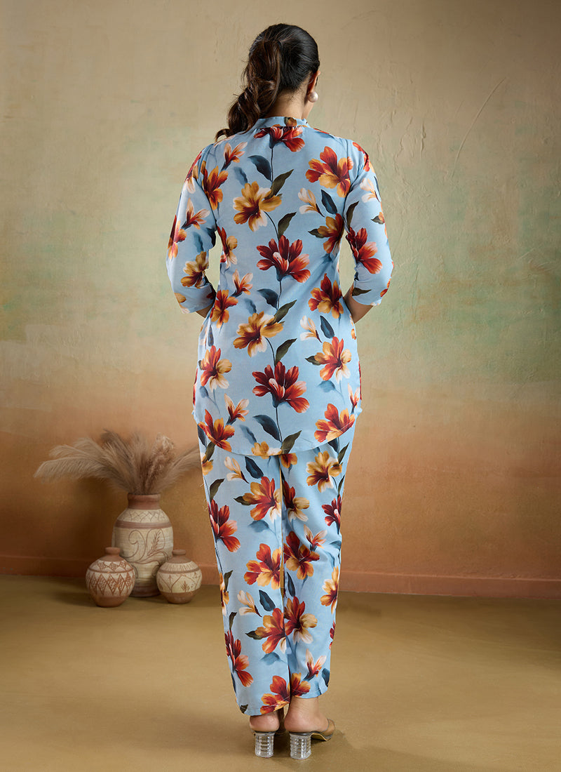 Prazu Fashion Sky Blue Printed Cotton Blend Co-Ord Set