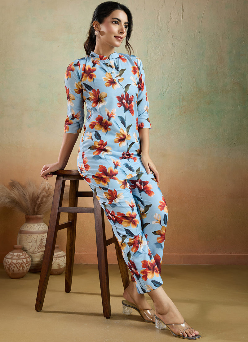 Prazu Fashion Sky Blue Printed Cotton Blend Co-Ord Set