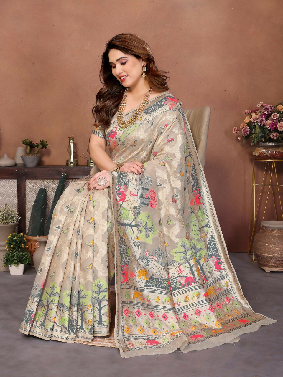Teeya Creation New Latest Trendy Wedding Wear Pashmina Silk Saree-Cream