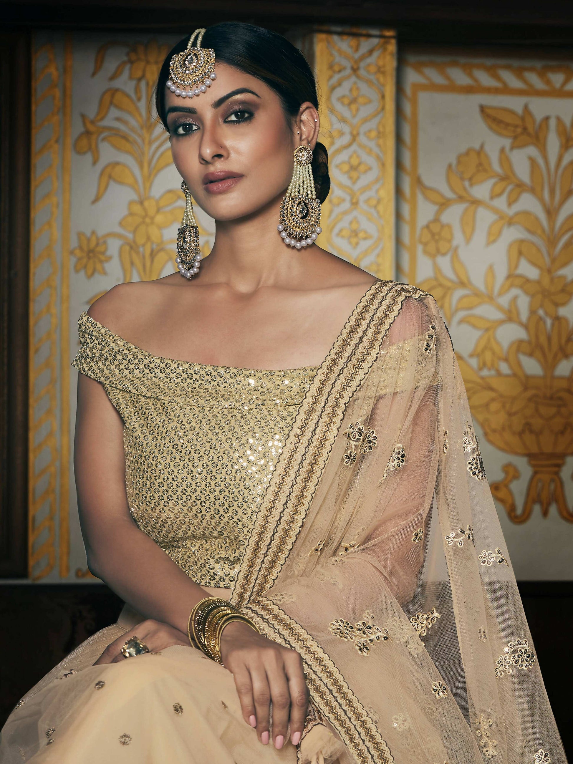 Wedding Designer Sequene Zari Resham Embroidery Cream Net Lahengha Choli - Anbazaar - Grab2buy