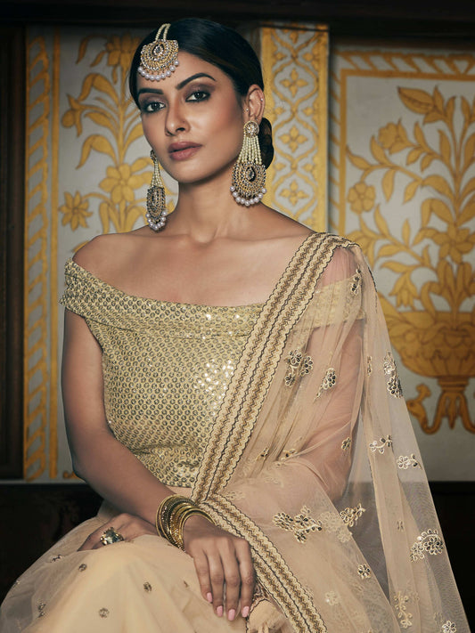 Wedding Designer Sequene Zari Resham Embroidery Cream Net Lahengha Choli - Anbazaar - Grab2buy