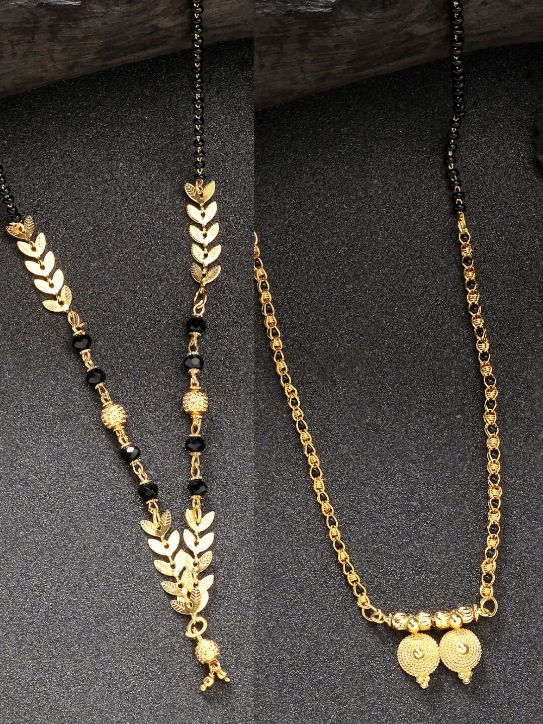 NVR Women's Set of 2 Gold-Polished Black Beaded Mangalsutra 