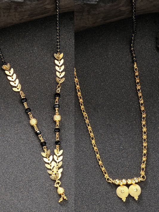 NVR Women's Set of 2 Gold-Polished Black Beaded Mangalsutra 