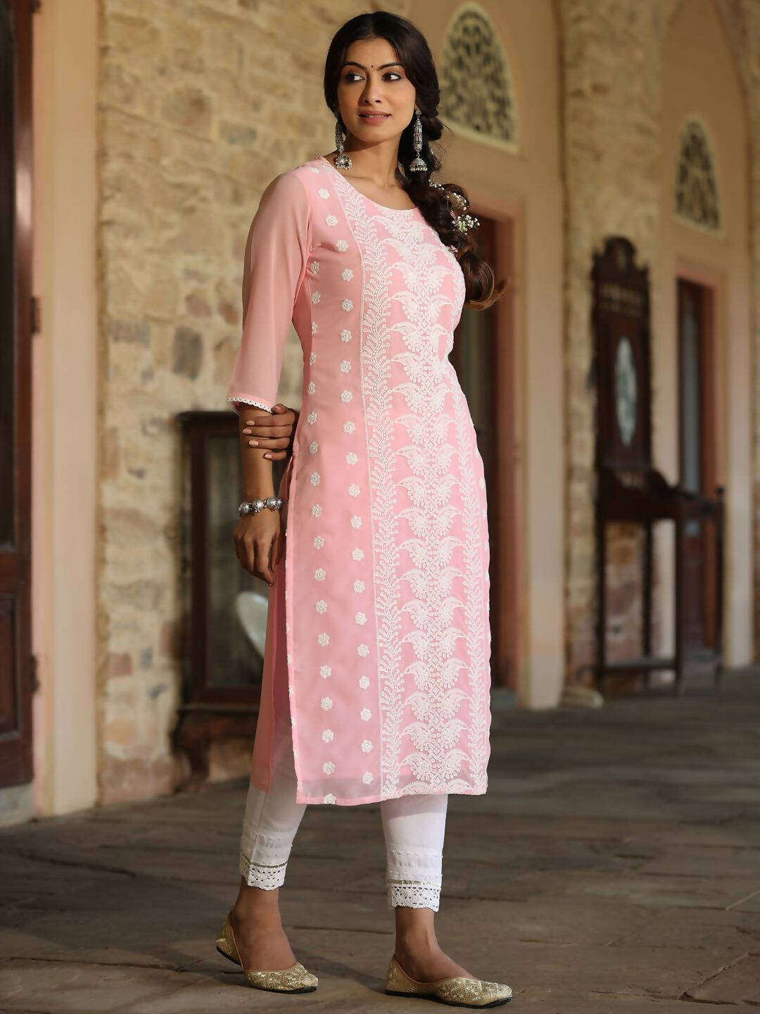 Juniper Women's Pink Georgette Printed Kurta